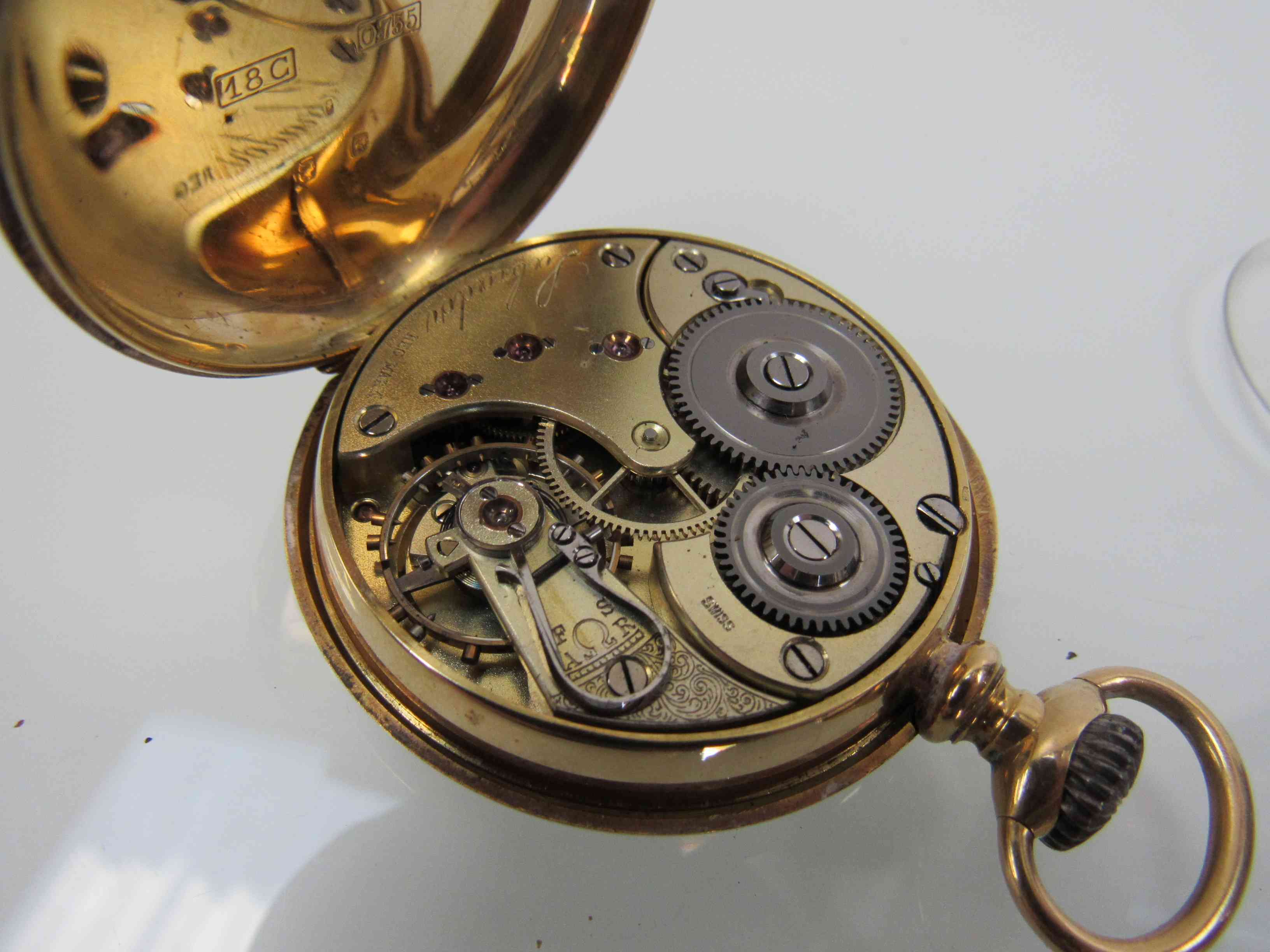 An 18ct gold open faced pocket watch, Arabic enamelled dial with subsidiary seconds signed A.J. - Image 2 of 3