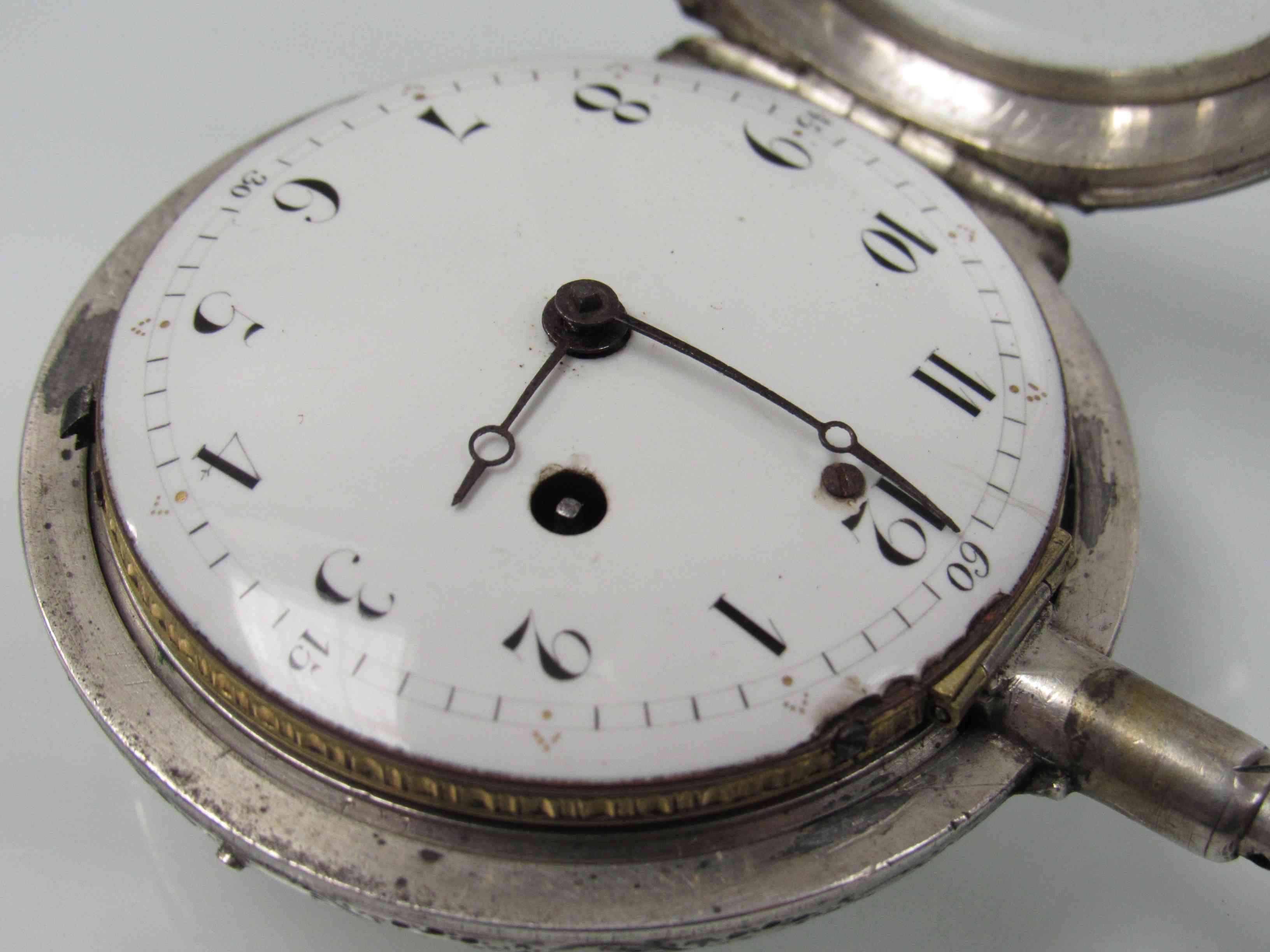 A Georgian silver quarter-repeating pocket watch with Arabic white enamelled dial (chipped and - Image 2 of 4