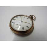 A 9ct gold open faced pocket watch, Roman enamel dial with subsidary seconds,