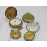 Two gold fob watches a/f and three pocket watches including Oris