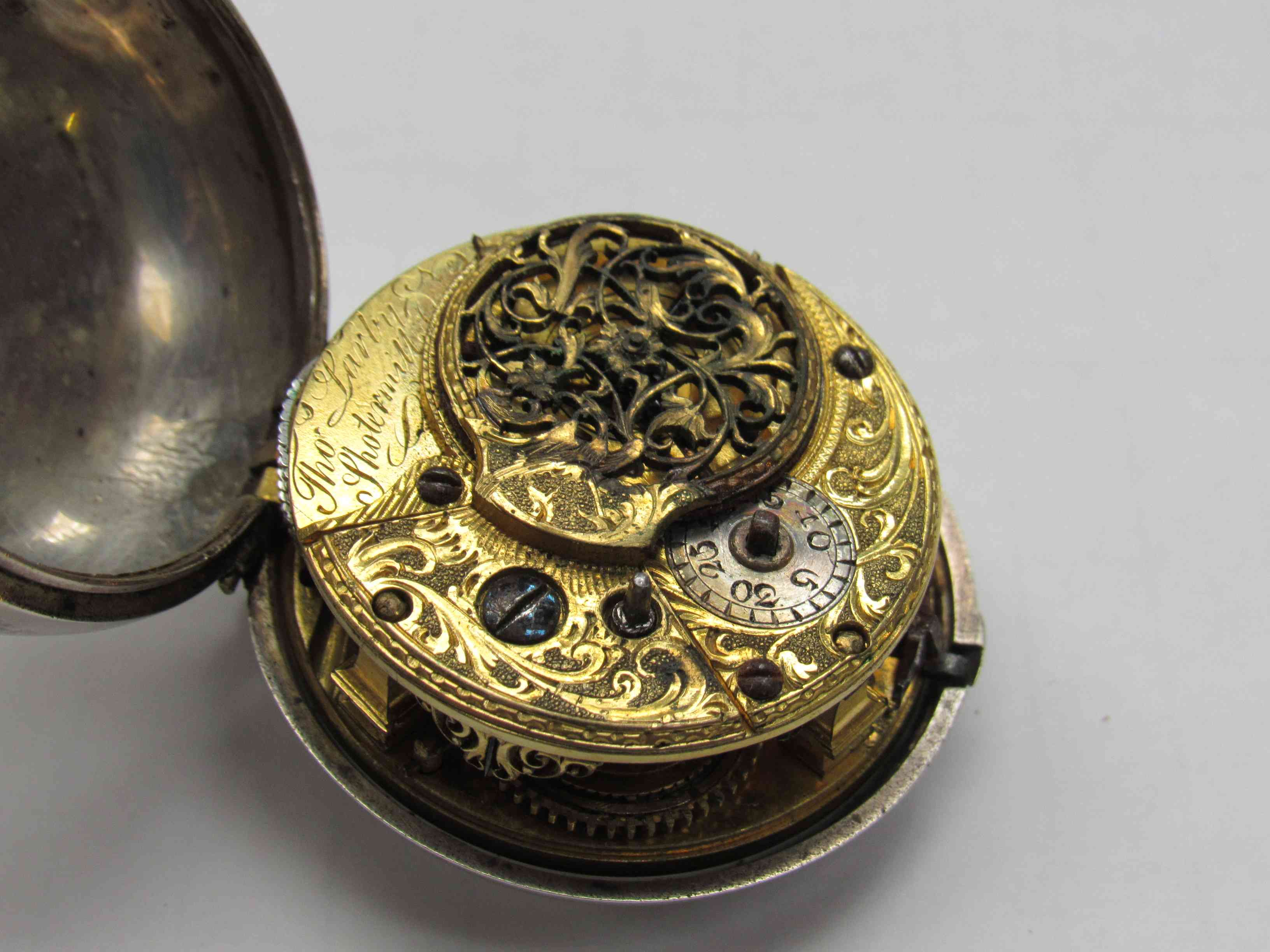 A late 18th Century silver pair case pocket watch with Roman enamelled convex dial, - Image 3 of 3