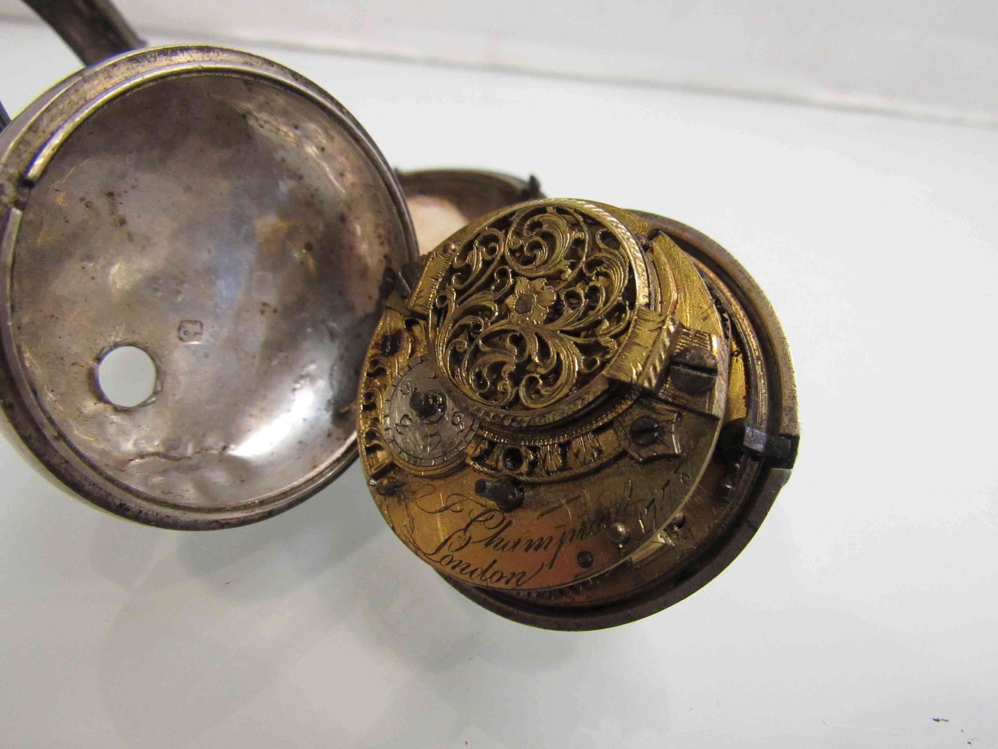 A late 18th Century silver pair case pocket watch with Roman enamelled dial, - Image 2 of 2