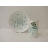 A Poole Pottery white glazed bowl, painted turquoise foliate detail, 34.