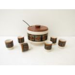 A West German pottery punch set, bowl with wooden lid, marked 802-42,