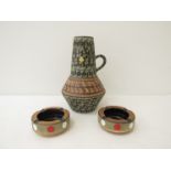 A large vintage Sawa West German vase with original label and two fat lava period stacking ashtrays,