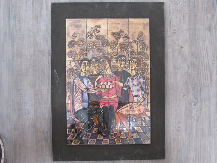 A tiled stylised picture mounted on board, tiles 45.5cm x 30.