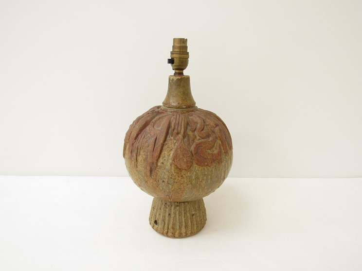 Bernard Rooke studio pottery lamp base, abstract relief moulded design,