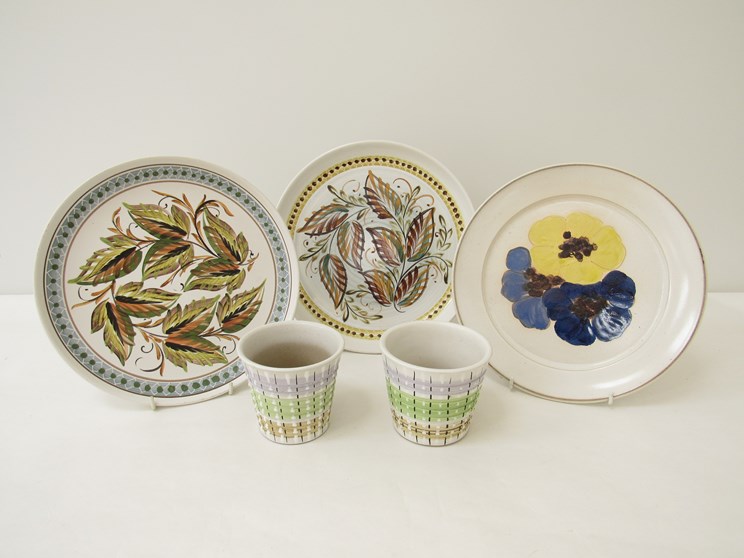 Three Denby Pottery plates and two small vases/planters