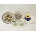 Three Denby Pottery plates and two small vases/planters