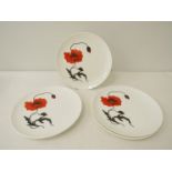 Five Wedgwood Susie Cooper Corn Poppy circa 1971 dinner plates 27cm.