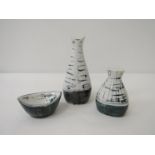 A Richard and Susan Parkinson three piece cruet set (salt, oil or vinegar bottle,