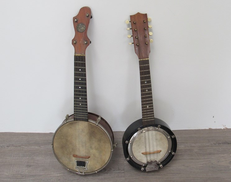 A John Grey & Sons banjo- ukulele (banjolele) and a banjo-mandolin (banjolin),