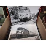 A box containing black and white photos of Class 50 diesel locomotives