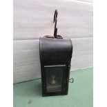 An LNER small station hanging lamp with reservoir and metal burner