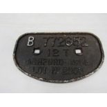 A cast iron wagon plate 12T ASHFORD 1956 B772652