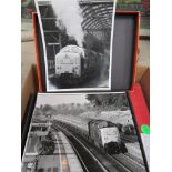A box containing black and white photos of Class 55 Deltics