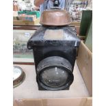 An Adlake LMS signal post lamp case with reservoir interior, burner and chimney,