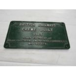 A cast aluminium Diesel works plate BRITISH RAILWAYS CREWE BUILT 1965, restored condition,