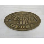 *Amended* A reproduction brass oval rimmed Midland Railway makers plate stamped Derby 1881