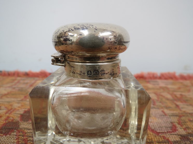A Victorian cut glass desk inkwell and silver topped inkwell, - Image 3 of 3