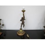 A figural cast metal lamp with winged cherub, holding aloft a torch,