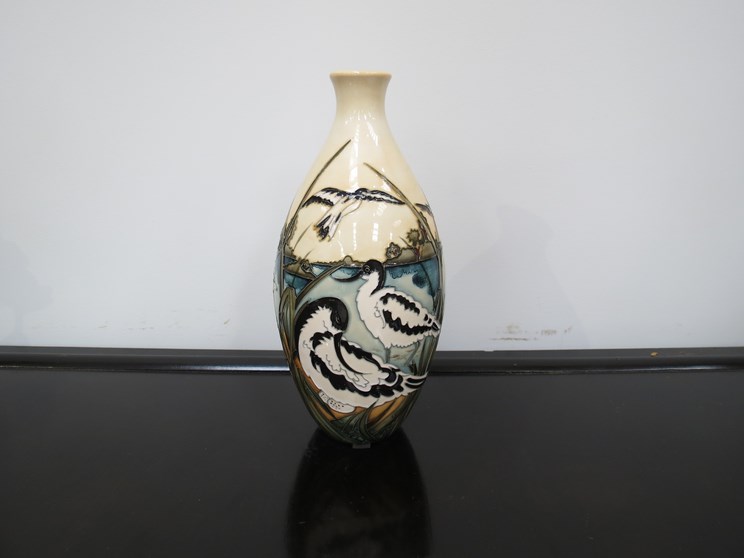 A Moorcroft "Avocets" vase signed NE 56 RSPB Appeal. Designed by Kerry Goodwin. Boxed and sleeved.