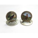 A pair of Samson Mordan and Co Ltd silver place markers with hand painted wild bird panels,