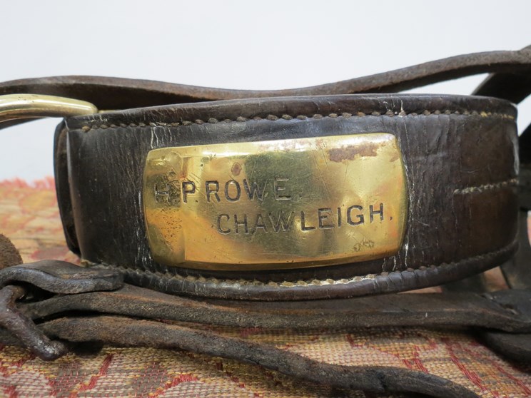 A Victorian leather dog collar and muzzle, the brass tag named H.P. - Image 2 of 2