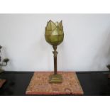 An Edwardian brass column form lamp with shade 50cm tall