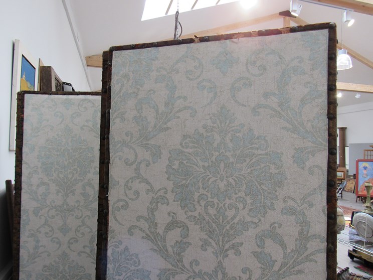 A 19th Century four fold screen/room divider with embossed floral panels, leather and stud edging, - Image 3 of 3