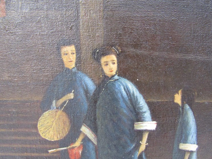 A Chinese unframed oil on canvas, figures in street scene. - Image 2 of 3
