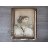 A Victorian diorama portrait of Lady with hair tied back flowing silk dress,