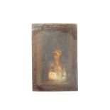 An Early 19th Century oil on oak panel of a young woman with lace bonnet. Unframed and Unsigned.