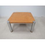 A modern design burr maple square form coffee table with chrome tubular legs 40cm tall,