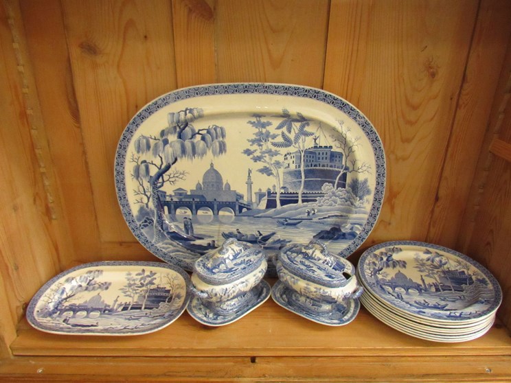 A 19th Century Spode blue and white transfer printed "Rome" or "Tiber" pattern part table service