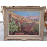 A late 20th Century oil on canvas depicting desert scene with train in distance,