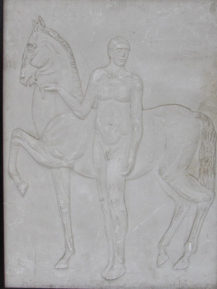 A 20th Century moulded plaster relief panel of a Greek standing beside a horse, 66. - Image 2 of 2