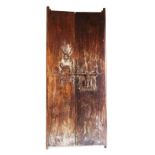 A pair of Eastern hardwood Tibetan doors with wrought metal lock (adapted to be wall hanging),