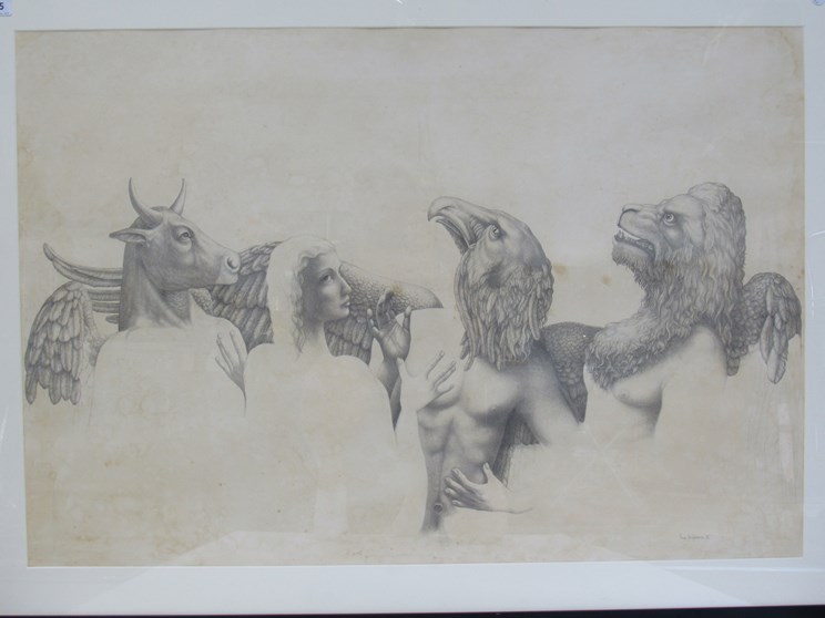 A large framed and glazed pencil drawing of mythical beings signed Luigi Les Speranza and dated '86