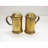 A Georgian brass tankard shaped pounce pot and a similar pot - damaged (2)