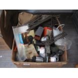 A box of train related items, track,