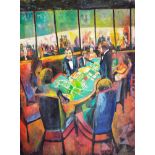 A late 20th Century oil on canvas depicting a casino interior scene with figures at a gaming table.