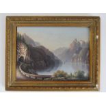 A late 19th Century oil on board of a Continental mountainous scene with lake.