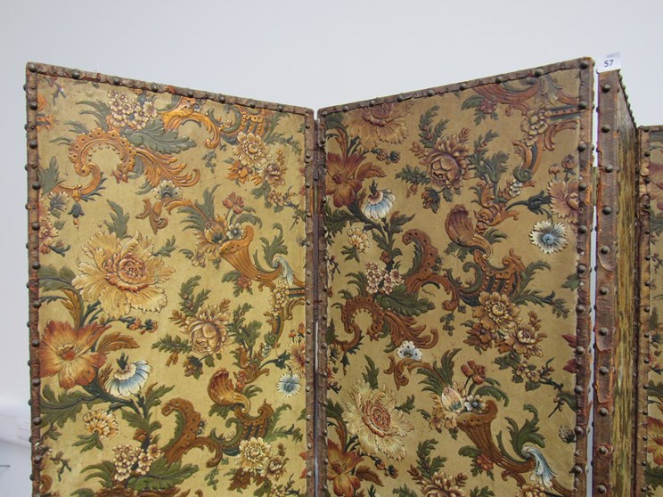 A 19th Century four fold screen/room divider with embossed floral panels, leather and stud edging, - Image 2 of 3