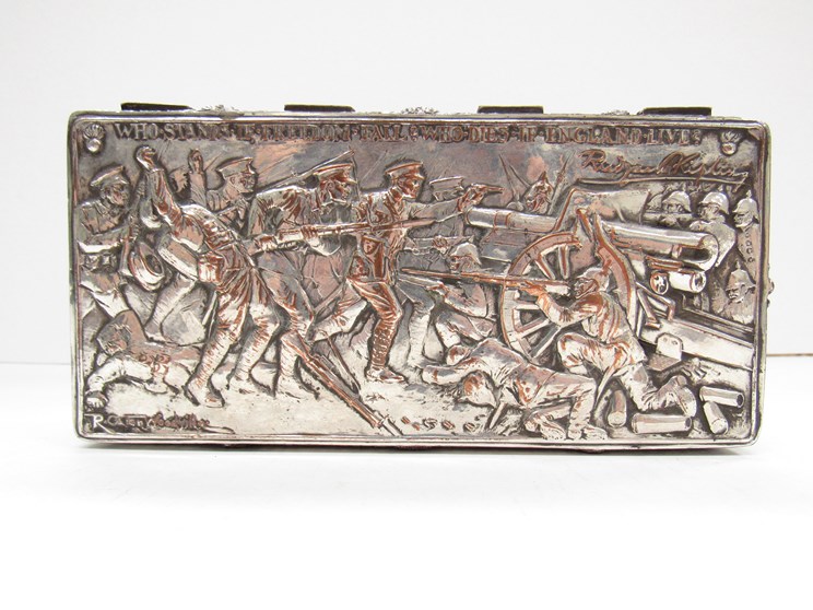 A WWI silver plated commemorative cigarette/ jewellery box embossed with design by R. - Image 3 of 5