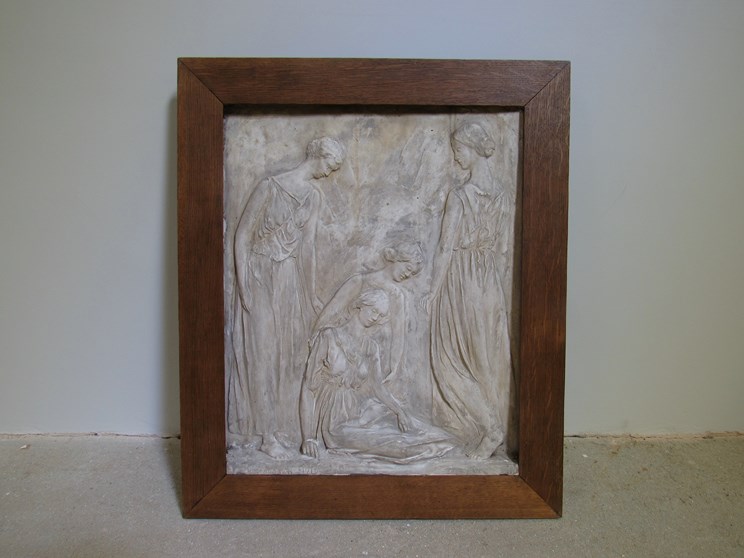 MISS AMY DIMELOW (Active 1906-1944): Signed early 20th Century plaster relief depicting four draped