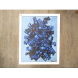 A framed modern abstract oil on board entitled 'Abstract in blue and red' indistinctly signed and