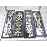 Four Victorian reverse painted on glass floral panels, ebonised frames, one cracked,