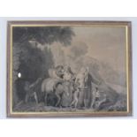 Two 18th Century engravings,figures dancing in woodland and family with donkey.