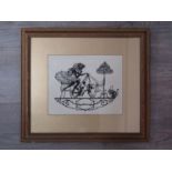 A framed and glazed cut out silhouette of girl and monkey with string puppets 'Hompelmarmachen'